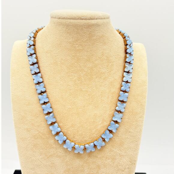 Signed Czech Blue Glass Flower Necklace Mid‑Century Gold‑Tone Floral Statement